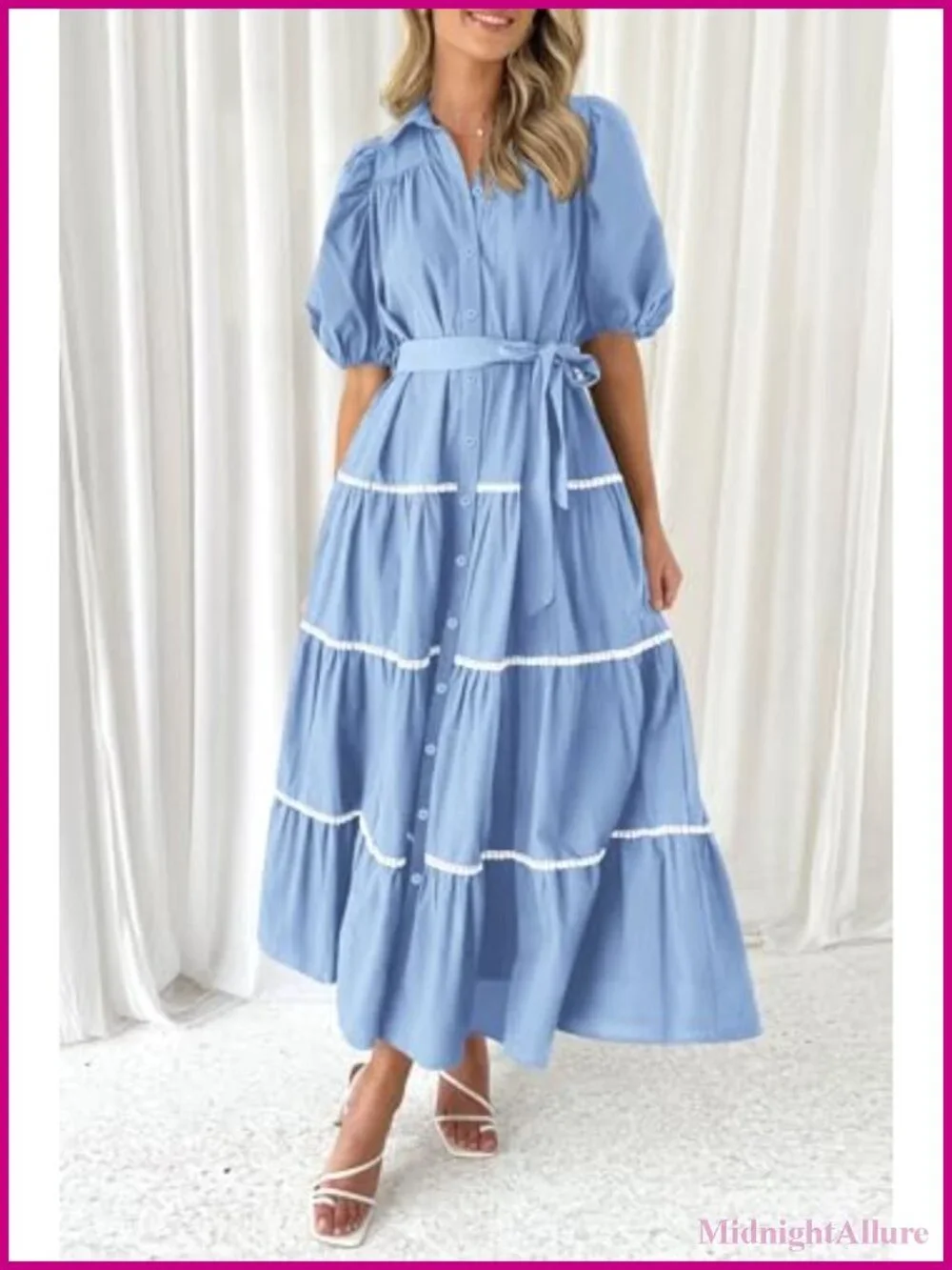 Women's Maxi Shirt Dress Summer Tiered Button Down Puff Sleeve Flowy Fit & Flare
